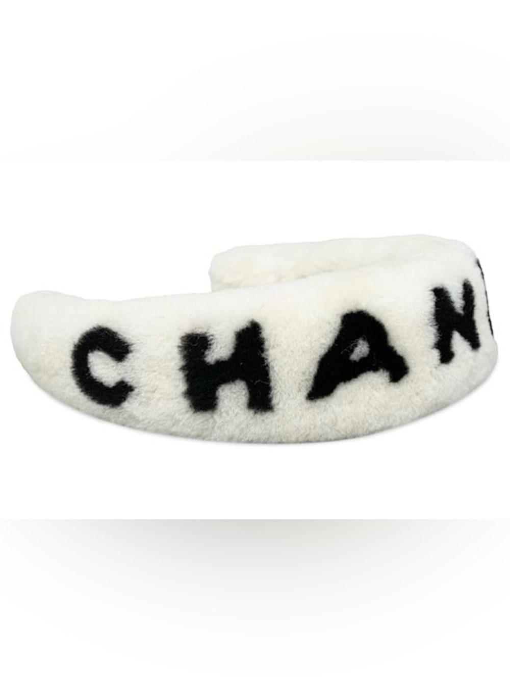 ChaneI White Faux Fur Spell-Out Headband With Black Lettering